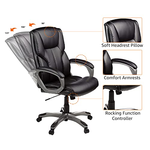 Amazon Basics Executive High Back Office Chair, Adjustable Height, Tilt, Swivel, Padded Seat, Bonded Leather, Wheels, Black/Silver