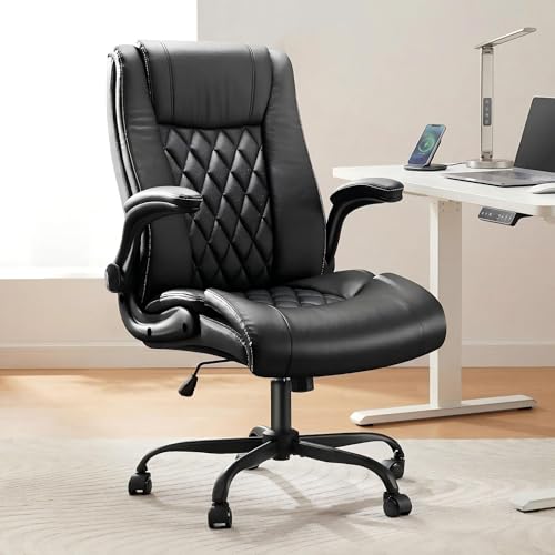 Marsail Executive Office Chair with Flip-up Armrests,PU Leather Ergonomic Desk Chair Height-Adjustable Swivel Rolling Desk Chair (Dark)