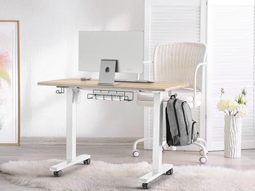 SHW 40-Inch Mobile Electric Height Adjustable Sit to Stand Desk with Drawer, Hanging Hooks and Cable Management, Maple
