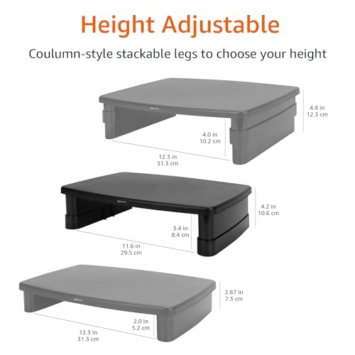 Amazon Basics Height Adjustable Monitor Stand Riser with Storage Organizer, Multifunctional Desk Accessories for Reduced Neck Strain - Fits Monitors, Laptops Up to 22lbs, Black