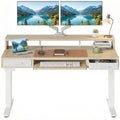 HUANUO 55″ x 26″ Electric Standing Desk with 2 Drawers &24.4″ Large Keyboard Tray, C-Clamp Mount Compatible, Adjustable Computer Desk for Office, Sit Stand Up Desk with 4 Height Presets, Light Walnut
