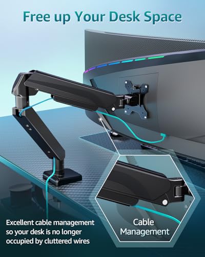 ErgoFocus Heavy Duty Single Monitor Arm for Max 42 Inch Screens, Monitor Mount for Desk Supports 4.4-33 lbs, Height Adjustable Ultrawide Monitors Stand with C-Clamp & Grommet Base, VESA Mount 70/100