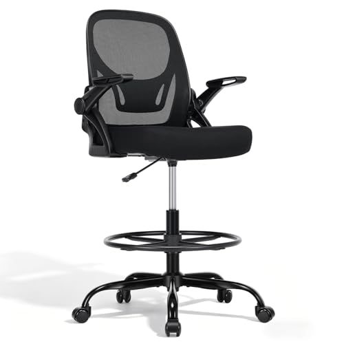 shipborne Drafting Chair, Tall Office Chair with Adjustable Footrest Ring, Standing Desk Chair with Flip-Up Armrests, Breathable Mesh High Desk Chair for Counter Height Desk, Black