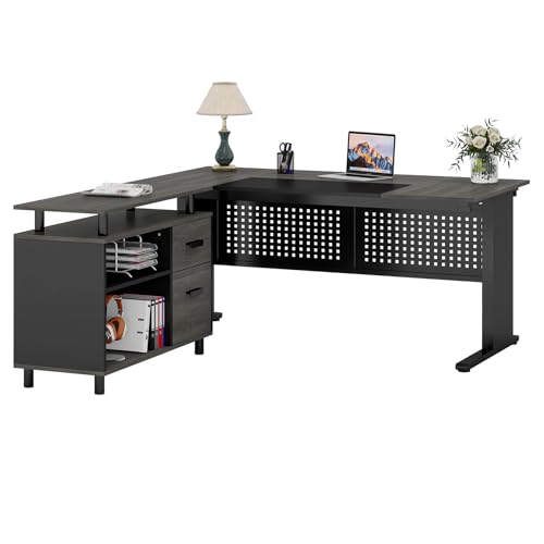 Tribesigns 63 Inch Executive Desk with File Cabinet, L Shaped Office Desk with Drawers and Storage Shelves, Business Furniture Set Workstation for Home Office, Gray and Black