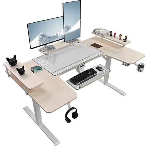 EUREKA ERGONOMIC Gaming Standing Desk with Keyboard Tray,74" U Shaped Studio Desk for Recording&Live,Electric Height Adjustable Desk w LED Convertible Shelves,Maple
