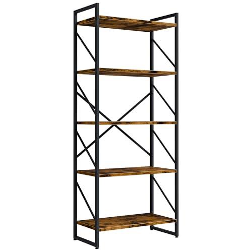 Shintenchi 5 Tiers Bookshelf, Classically Tall Bookcase Shelf, Industrial Book Rack, Modern Book Holder in Bedroom/Living Room/Home/Office, Storage Rack Shelves for Books/Movies-Rustic Brown