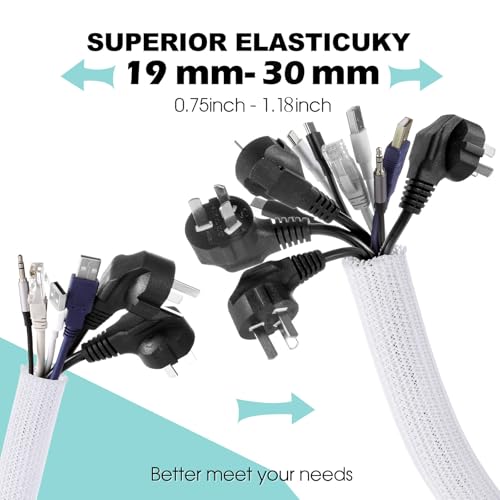 AGPTEK White Cable Sleeve, 2 Pack 5ft - 1.2 Inch Cable Management, Desk Cord Cover Organizer Wire Hider for Computer TV Wire Loom Tubing, Pet Proof Cord Protector from Cat Dog Chewing, White