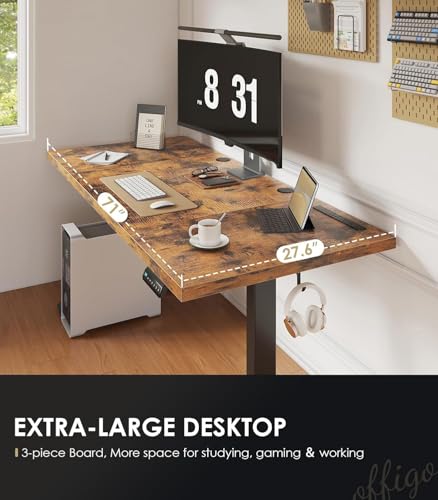OffiGo 71 Inch Executive Electric Standing Desk, Height Adjustable Desk with Power Outlet & 1.38" Thick 3-Piece Desktop, Sit Stand Computer Desk for Home, Office, Conference Room, Rustic Brown
