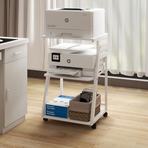Natwind 19.7"x15.7" Printer Stand,3 Tier Printer Table with Charging Station, Rolling Cart with Adjustable Storage Shelf for Home Office Organization, Stand for Heat Press,3D Printer (White)