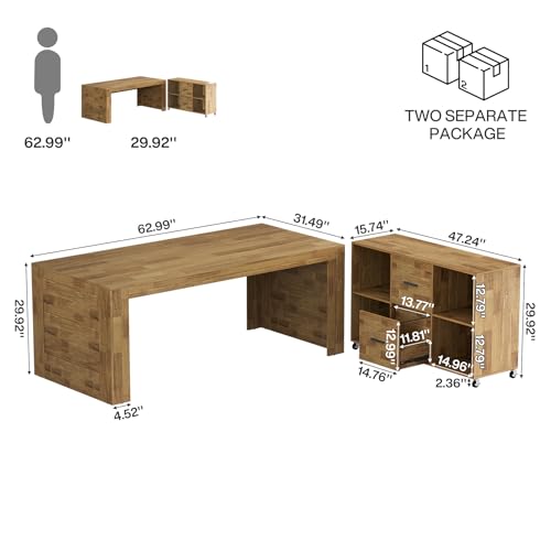 Tribesigns 63" Executive Desk with File Cabinet, L-Shaped Office Desk with Drawers and Storage Shelves, Business Combo Furniture, Computer Desk Set for Home Office, Brown