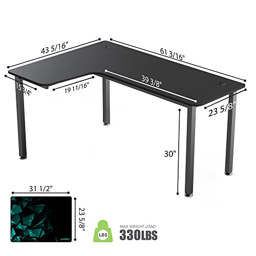 EUREKA ERGONOMIC L Shaped Gaming Desk, 61 Inch Corner Computer Desk, Modern Office Study Writing Desk, Home Gaming Table with Mouse Pad & Cable Management, Sturdy Metal Frame, Easy to Assembly, Left