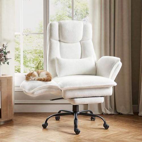 Office Chair,Big and Tall Heavy-Duty Executive Reclining Computer Gaming Chair with Footrest,Flip Armrests,Lumbar Pillow&Thicken Wider Seat for Criss Cross Legged Desk Vanity Chair,Teddy Fabric White