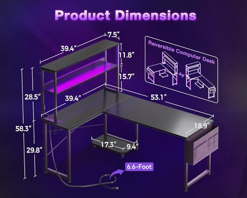 ODK 53 Inch L Shaped Gaming Desk with LED Lighting, Reversible Desk with Power Outlets, Cornor Computer Table with Storage Shelves & Bag & Iron Hook, Home Office Table for Writing, Study, Black