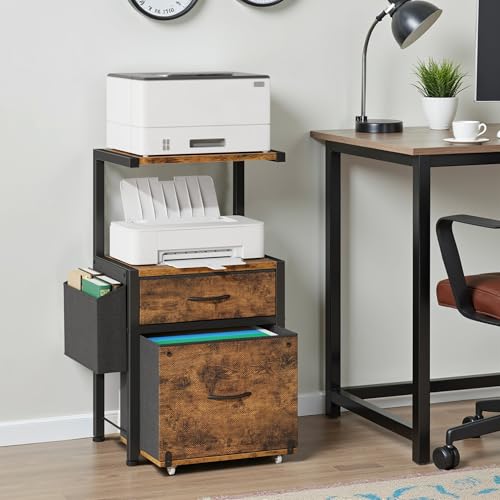 HIGDBFE File Cabinet with 2-Tier Shelf, Letter Size Drawer Filing Cabinet with Reversible Side Bag, Vertical Office Cabinet Printer Stand with Storage for Home Office, Rustic Brown, 16.5" W