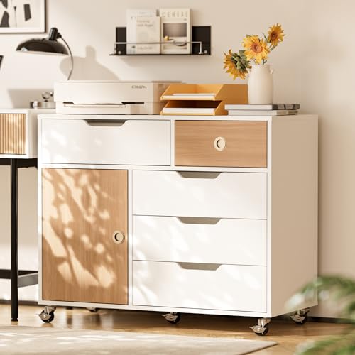 5 Drawers Mobile File Cabinet with Door, Rolling File Cabinet Printer Stand Table Craft Storage Cabinet, Under Desk Wooden Filing Cabinets for Home Office Essentials Storage Organization Furniture