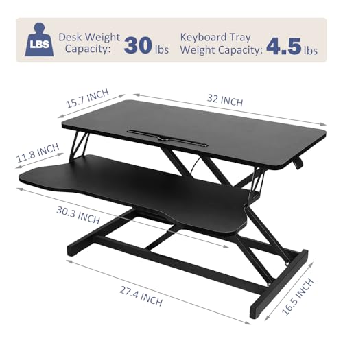Royjhnl Standing Desk Converter 32 Inch, Height Adjustable Sit-Stand Workstation, Dual Monitor Riser with Wide Keyboard Tray - Office & Home Use, Black (Black)