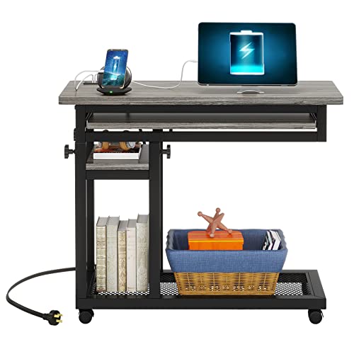 Tribesigns Small Portable Desk with Power Outlet, Height Adjustable Sofa Couch Bedside Laptop Table with Wheels, Mobile Standing Desk Rolling Computer Cart C Side Table with USB Ports