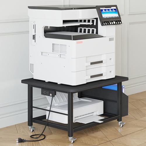 YAOHUOO 23.6"×23.6" Large Printer Stand with Power Outlet, Printer Table with Storage Side Pocket, Heavy Duty Rolling Cart for Home Office 3D Printer/Laser/Heat Press Table, Black