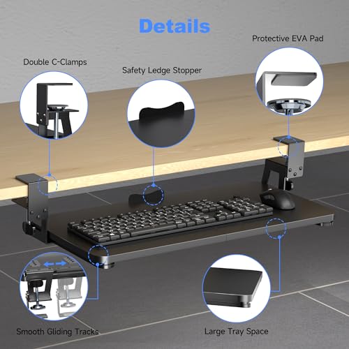 XINLEI Keyboard Tray Under Desk Large C-Clamp 25.6” (30” Including Clamps) x 11.8” Slide-Out Platform Computer Drawer Pull Out Keyboard & Mouse Tray Black DSF4