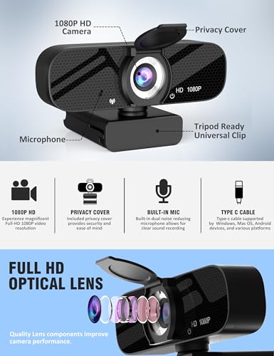Gowzmnd HD 1080P Webcam with Built-in Microphone and Rotatable Tripod, 1080P Video and Wide Angle Camera, Privacy Cover, for Desktop PC or Laptop Computer （Black）