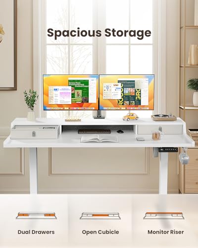 ErGear Electric Standing Desk with Drawers, 55″ x 28″ Gaming Table Compatible Monitor Stand, Stand up Desks, Home Office Height-Adjustable Desk with Storage Shelf, 4 Preset Heights, White