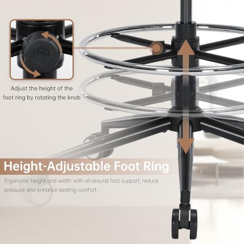 Drafting Office Chair Ergonomic Executive Computer Standing Desk Chair with Adjustable Height and Footrest Ring, Drafting Chair for Counter Height Desk and Drawing (Black)