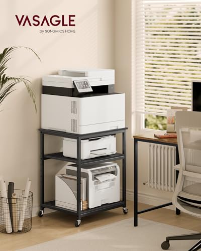 VASAGLE Printer Stand with Locking Wheels, Industrial Mobile Cart, Under Desk Printer Table for Home Office, 23.6 x 19.7 x 29.6 Inches, Storage Shelf, 3-Tier, Ebony Black