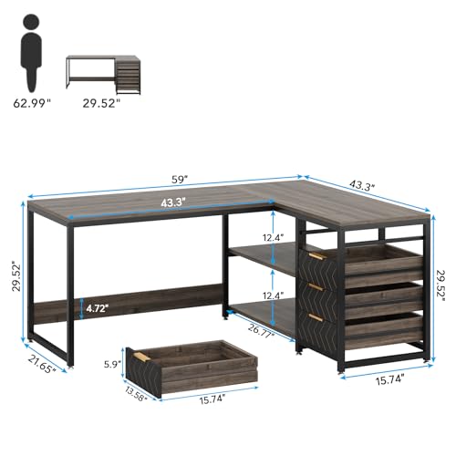 Tribesigns L Shaped Computer Desk with Storage Drawers, 59 inch Corner Desk with Shelves, Reversible L-Shaped Office Desk Writing Table Workstation for Home Office, Grey