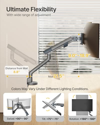 monTEK Heavy Duty Single Monitor Arm for 17-40 Inch Screens, Full Motion Monitor Mount Up to 26.4 lbs, Aluminum Monitor Stand with VESA 75/100mm, C-Clamp/Grommet Base for Curved Screens, Gray