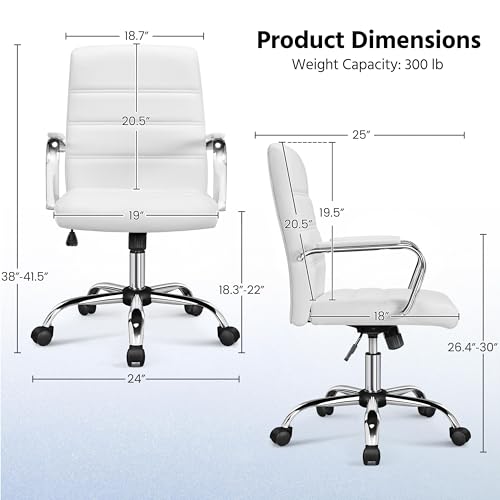 Yaheetech Office Desk Chair Mid-Back Leather Computer Chair Height Adjustable Ergonomic Executive Chair w/Lumbar Support Comfy Thick Padded Armrests and Seat, White