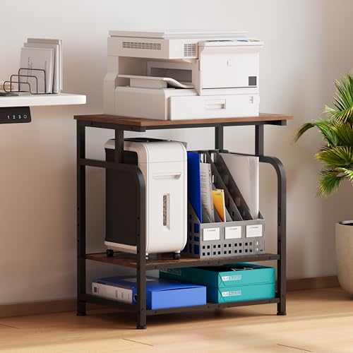 Unionly Large Printer Stand with Adjustable Shelf, 3-Tier Rolling Printer Cart with Wheels, Heavy-Duty Wood Printer Table for Home Office, Heat Press and Laser (Rustic Brown)
