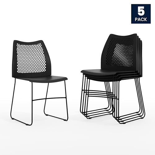 Flash Furniture Hercules Series Contoured Lobby Chairs with Air-Vent Honeycomb Backs, Ergonomic Stacking Chairs for Offices, Set of 5, Black