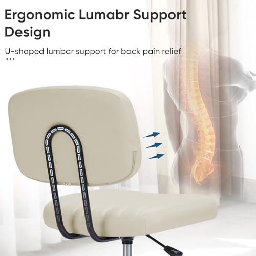 DUMOS Armless Home Office Executive Chair - Small Desk Chair with Low Back Lumbar Support, Height Adjustable PU Leather Computer Task Chair with 360° Swivel Wheels, for Adults, Beige