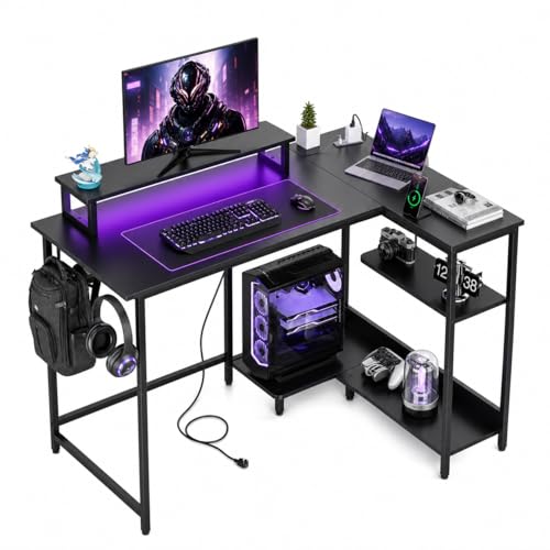 DEVAISE 47" L Shaped Gaming Desk with LED Lights and Power Outlets - Spacious Corner Computer Table with Monitor Stand and Storage Shelves for Work and Gaming, Black