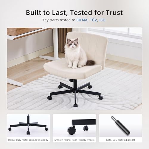 amseatec Criss Cross Chair, Wide Cross Legged Desk Chair with Wheels, Comfy Fabric Vanity Chair for Home Office, Adjustable Armless Swivel Task Chair with 90–115°Tilt（300Lbs/Beige）