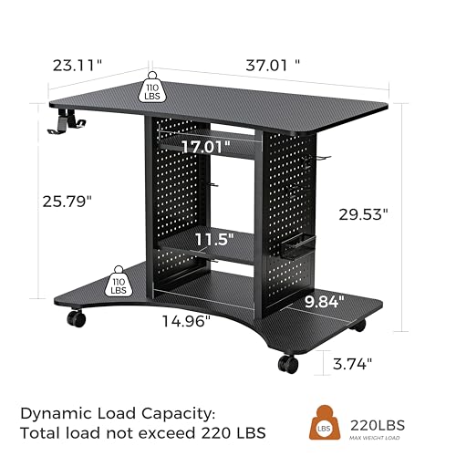 EUREKA ERGONOMIC Gaming Desk Computer, 37" Rolling Desk on Wheels for Small Space, Mobile Computer Cart with Pegboards Adjustable Shelves for Gaming PS Switch Home Office - Black