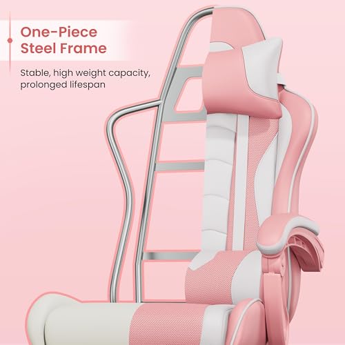 Yaheetech Gaming Chair, Video Game Chair with Massage Lumbar Support and Footrest Height Adjustable Ergonomic Computer Chair with Swivel Seat and Headrest, Pink/White