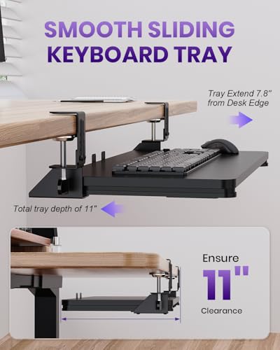 Zontera Ergonomic Keyboard Tray Under Desk, Pull Out with Adjustable C-clamp, 25.6 (31.5 Including Clamps) x 11.8 Inch Slide Out Computer Keyboard Drawer Mouse Tray for Typing, Large & Black