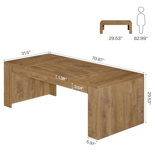 Tribesigns Executive Office Desk, 70.9-Inch Large Farmhouse Wooden Computer Desk with Sturdy Double Pedestal Legs, Writing Workstation Business Furniture for Home Office (Brown)