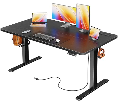 Huuger Electric Standing Desk with Power Outlets and USB-C Port, 55 X 24 Inch Height Adjustable Desk, Sit Stand Desk for Home Office, Computer & Gaming Desk with 4 Presets, Stable Steel Frame, Black