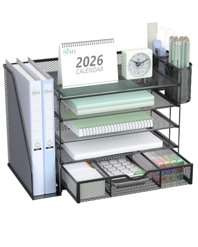 WALI Desk File Organizer, 5 Tier Desktop Paper Letter Tray Organizer with Drawer and 2 Pen Holders, Office Desk Accessories & Workspace Organizers for Office, Home Supplies(DO006DH-B), 1 Pack, Black