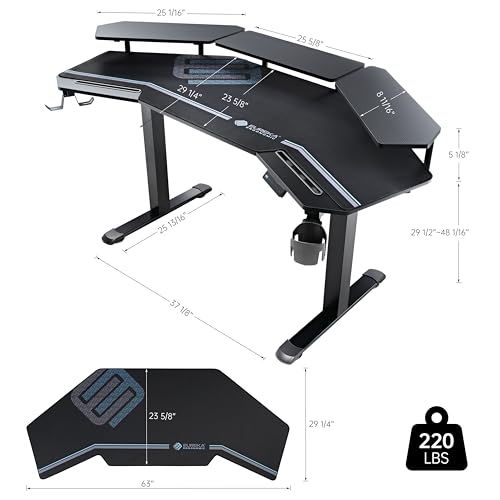 EUREKA ERGONOMIC Gaming Desk Adjustable Height Standing Desk 63" Wing Shaped Music Studio Table Workstation w Full Coverage Mousepad, 3 Stands, Dual Headphone/Cup Holder, Ipad-Slot