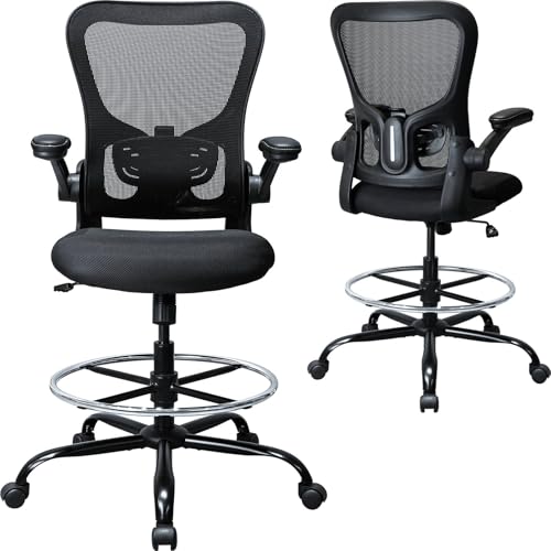 Drafting Chair, Ergonomic Tall Office Chair for Standing Desk, Counter Height Desk Chair with Adjustable Padded Armrests and Footrest Ring Standing Desk Chair Adjustable Height with Lumbar Support