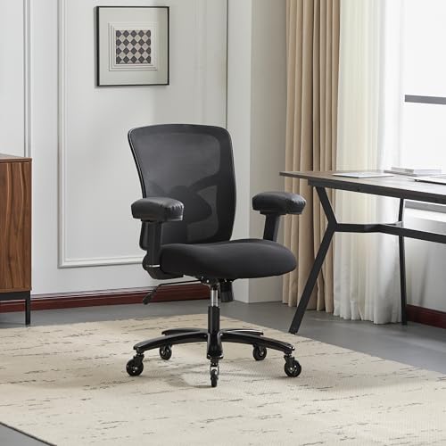 Coolka 500LBS Big and Tall Office Chair with 4D Armrests & Adjustable Backrest, Heavy Duty Office Chair for Heavy People, Memory Foam Seat Filling Springs, Black