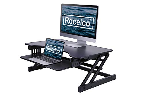 Rocelco 32" Height Adjustable Standing Desk Converter - Slide Out Retractable Keyboard Tray - Sit Stand Up Double Monitor Riser - Dual Piston Lift Assist Tabletop Computer Workstation - Black (R ADRB)