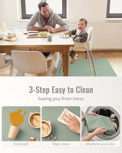 Blissful Diary Baby Splat Mat for Under High Chair, 50.4 x 50.4 Inch Wipeable Splash Mat, Waterproof and Washable, Anti-Slip Floor Protector, Sage Green