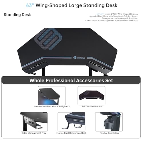 EUREKA ERGONOMIC Gaming Desk Adjustable Height Standing Desk 63" Wing Shaped Music Studio Table Workstation w Full Coverage Mousepad, 3 Stands, Dual Headphone/Cup Holder, Ipad-Slot