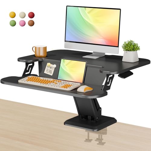 JYLH JOYSEEKER 28" Standing Desk Converter, Height Adjustable Clamp Desktop Riser with Keyboard Tray, Sit Stand Monitor Riser Workstation for Home Office, Magnets Inclued, Black