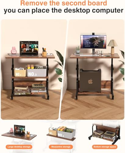 QZMDSM Portable Rolling Desk on Wheels Adjustable Height Desks for Small Spaces, 32" Computer Desk Drafting Tables with Storage Shelves for Home Office Rustic