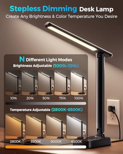 LED Desk Lamp with Power Strip, 3 AC Outlets & 4 USB Ports (2 USB-C), Stepless Dimming & 2800K-6500K Eye-Caring Desk Light, Foldable Table Lamp with 5FT Cord for Home Office, Dorm Room Essentials